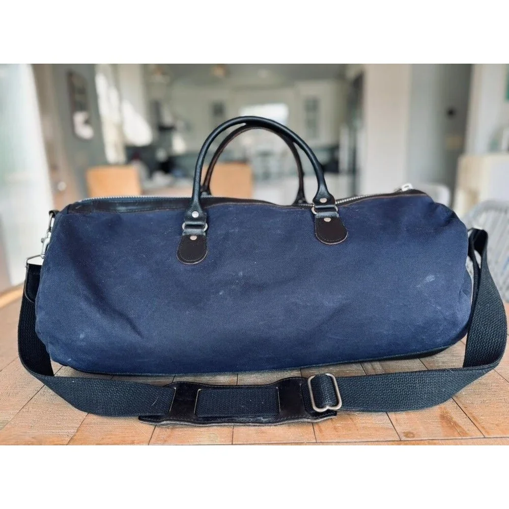 Billykirk Waxed Cotton Leather Blue Duffle Carryall Bag Old Money Preppy